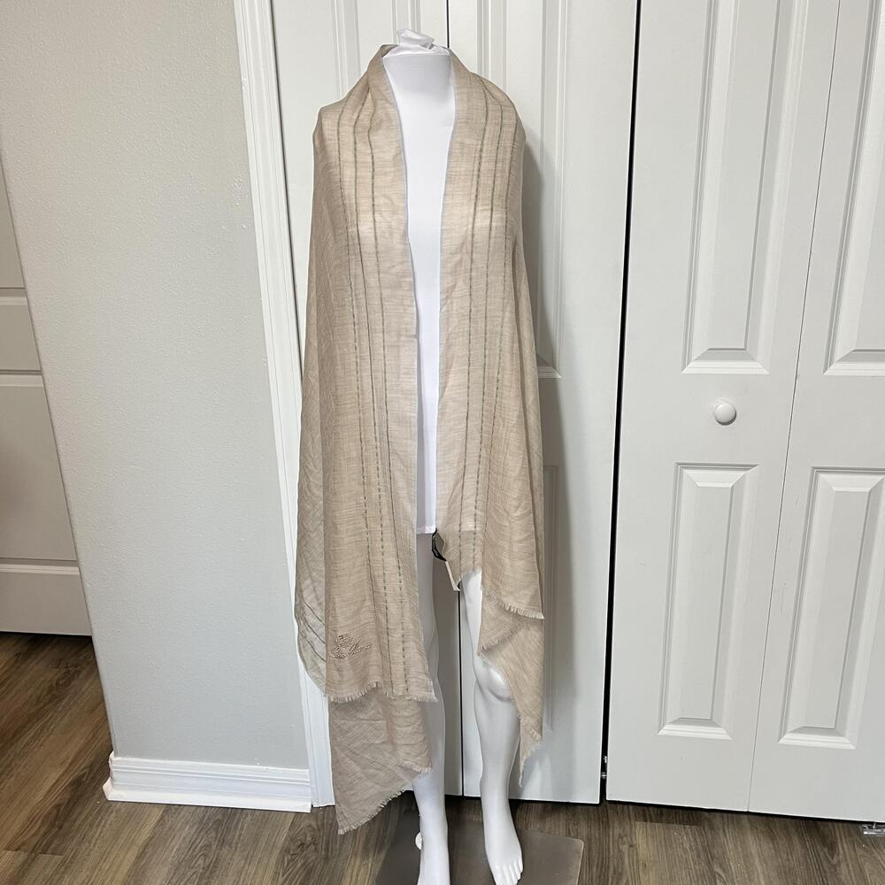 Loro Piana Shawl Wrap Womens Long Beige Cashmere Logo Stripe Scarf Italy